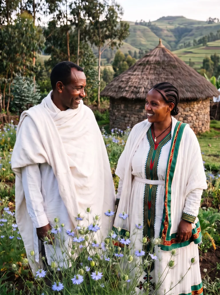 Couple in traditional white clothing by a flowering black seed field in front of a round house