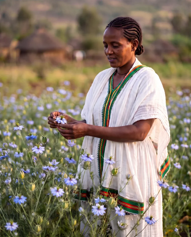 Woman in a white dress with a colourful woven border touching a blue black seed flower in the field