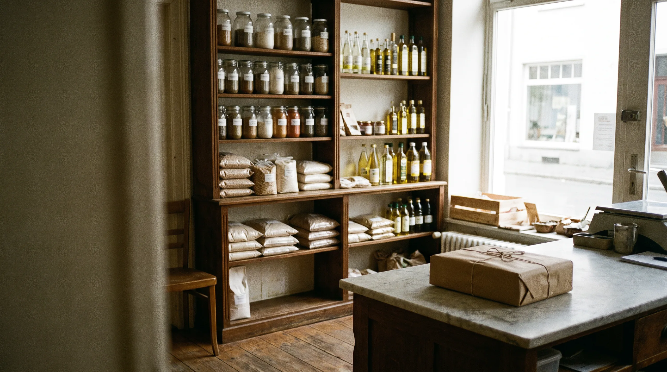Delicatessen with wooden shelves full of jars and bottles, a counter with packaged goods in front