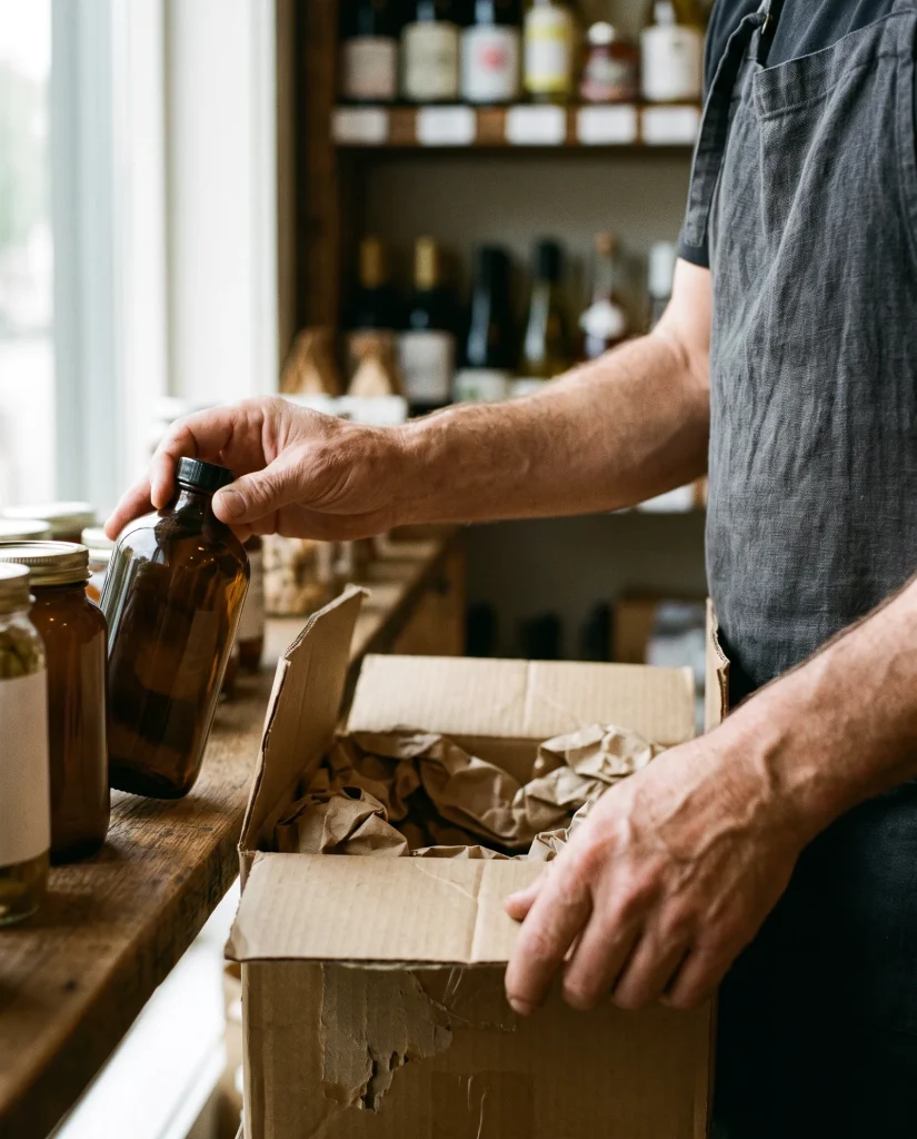 Hands unpacking brown glass bottles from a shipping box in a shop