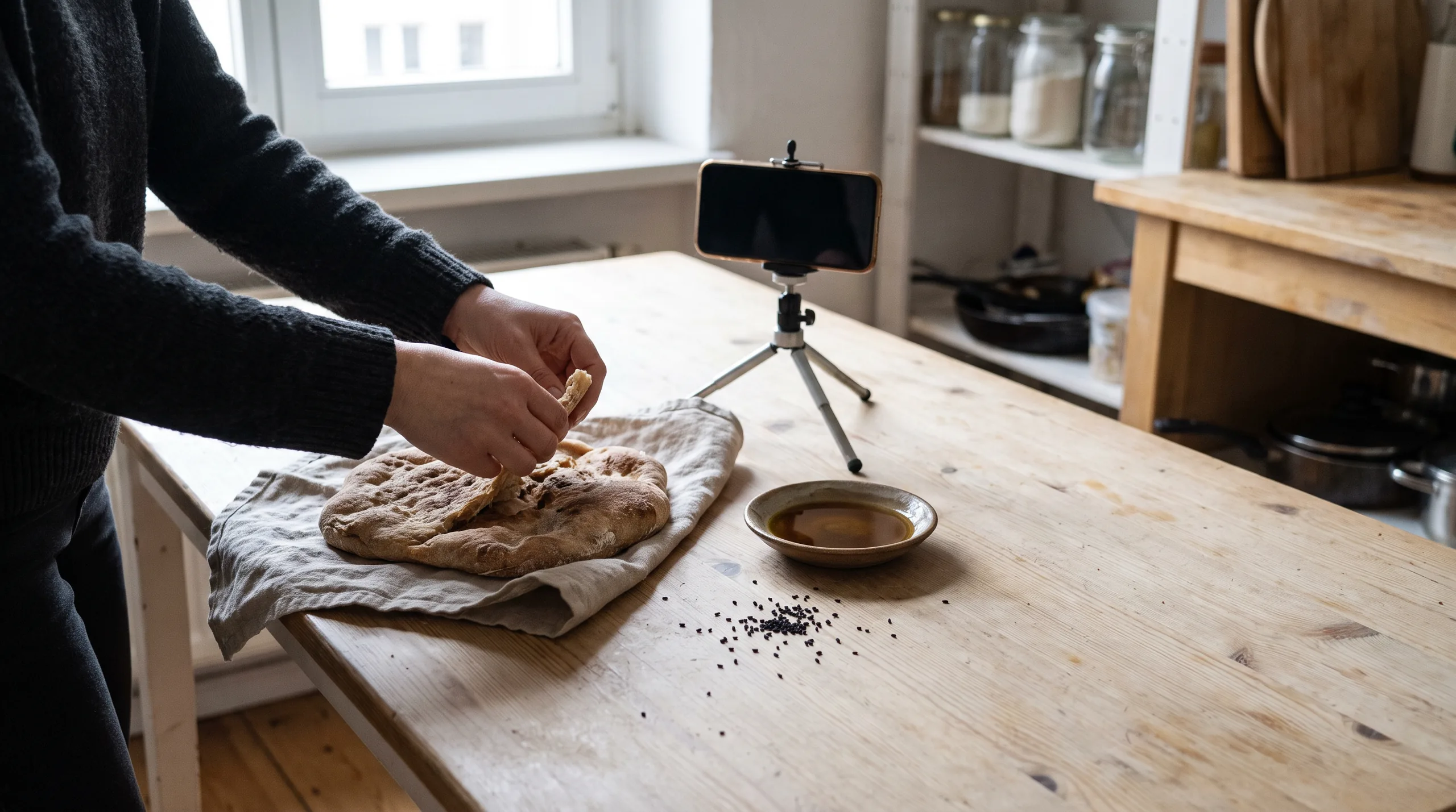 Hands tearing flatbread at the kitchen table, beside it a small bowl of oil, black seeds and a smartphone on a tripod