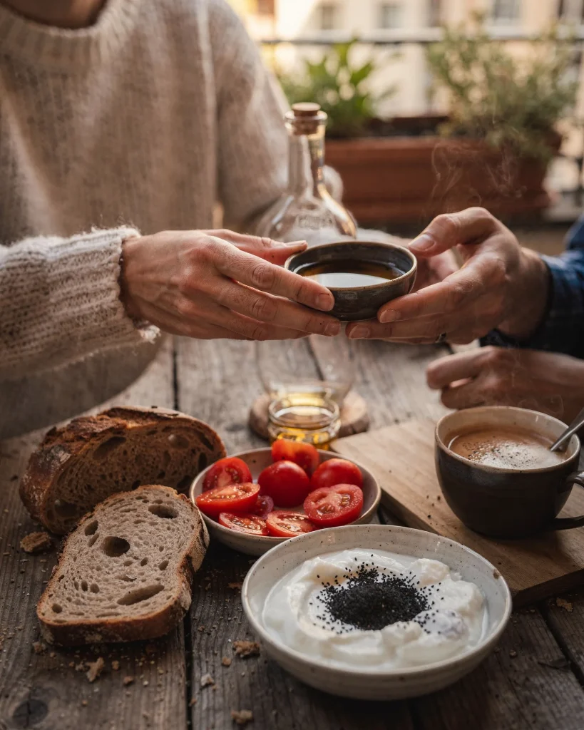 Two people passing a bowl of black seed oil across a laid breakfast table