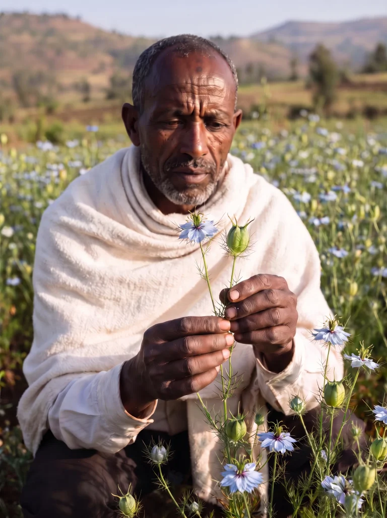 Man inspecting a black seed plant with a blue flower and a green seed capsule