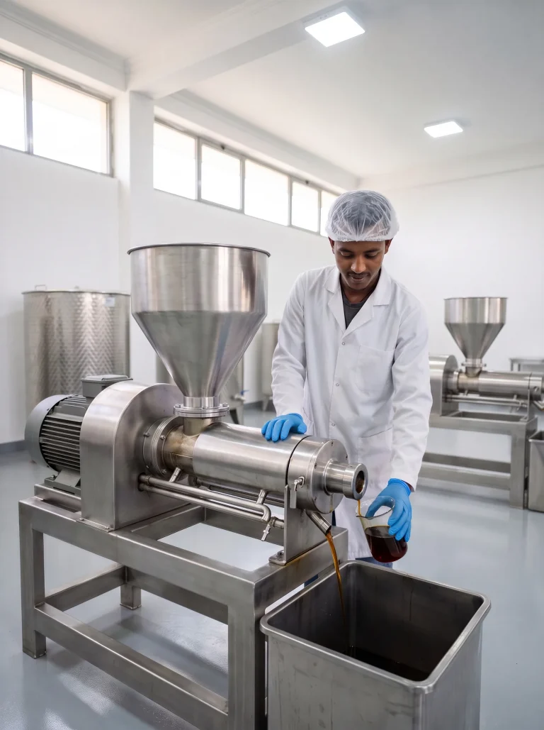 Modern stainless-steel oil press in a production hall, freshly pressed oil flowing out