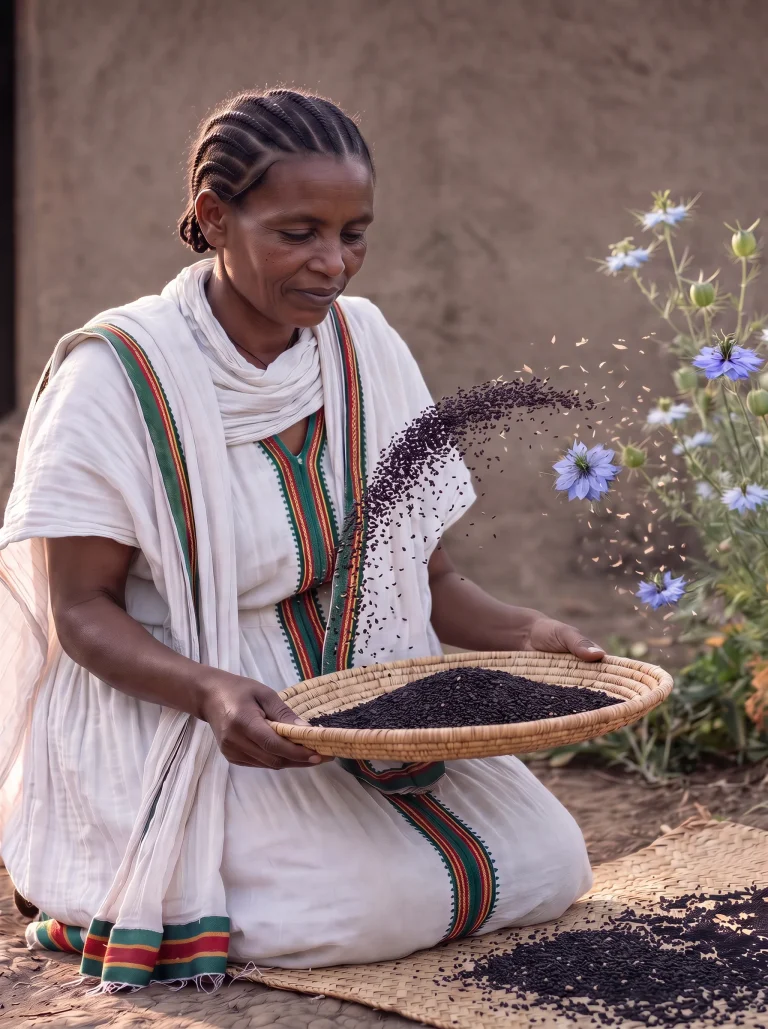 Woman separating black seeds from chaff on a woven basket tray